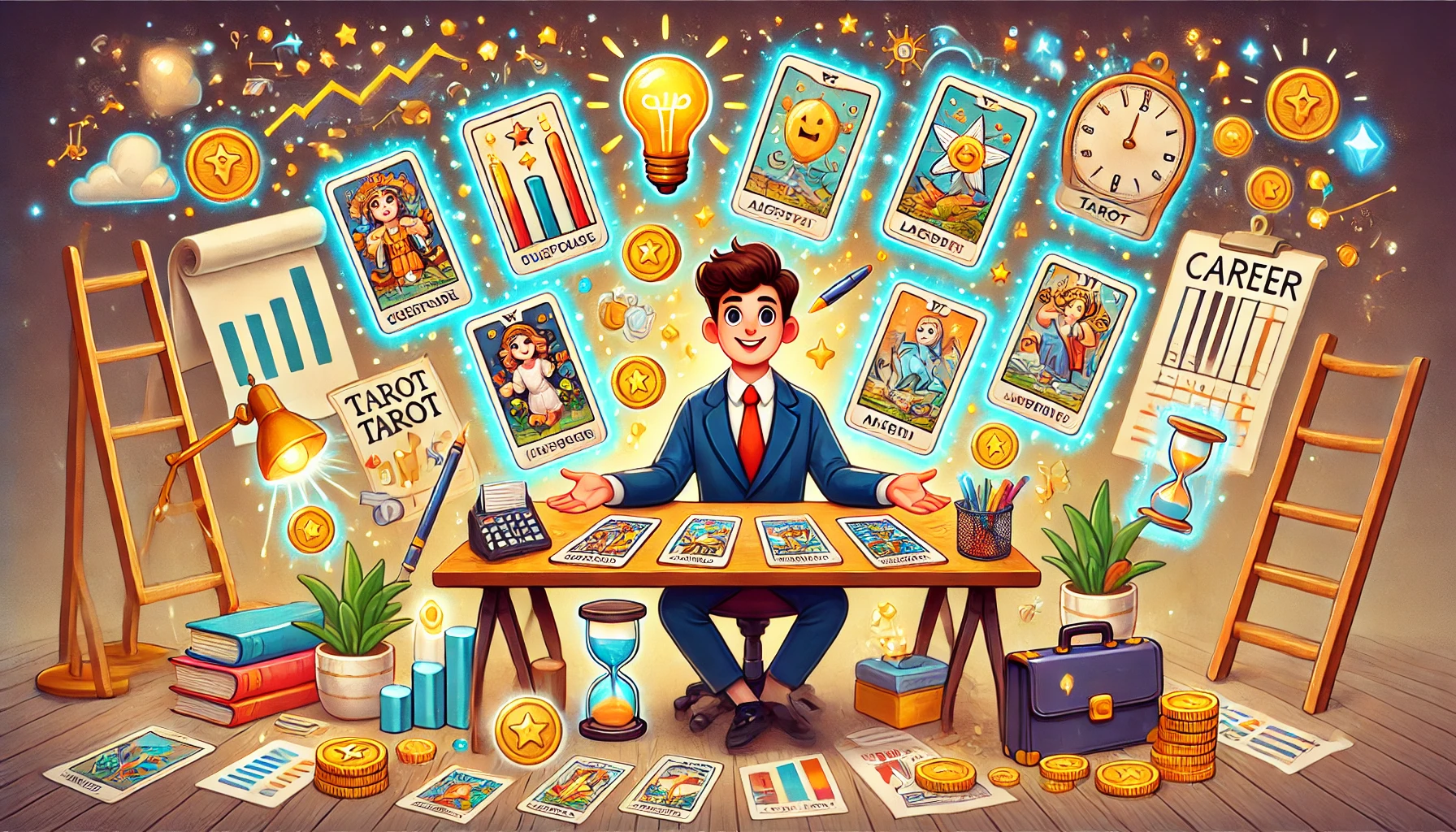Masa başında kariyer planlaması yapan bir kişi ve tarot kartları