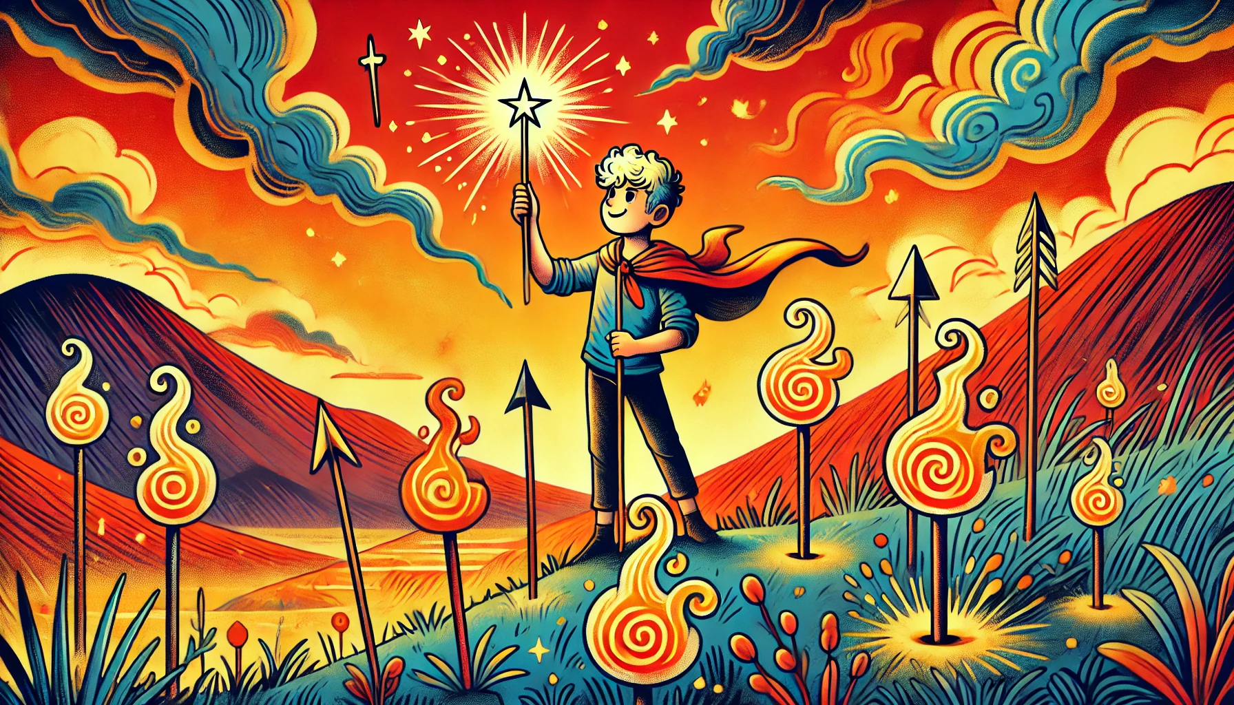 Tarot destesinden Değnekler Serisi kartları ateşli bir arka plan üzerinde
